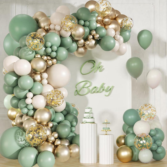 Sage Green Balloon Arch Kit, 141pcs Sage Green Gold Sand White Balloons for Wedding Engagement