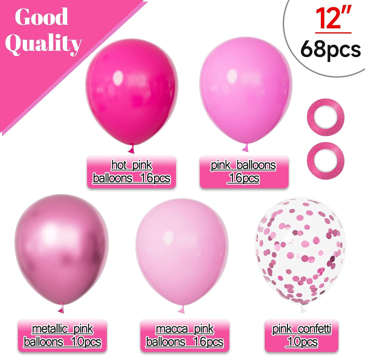 68Pcs Pink Balloons Kit 12 Inch Metallic Pink Balloon, Pink Confetti Balloon and Baby Pink Party