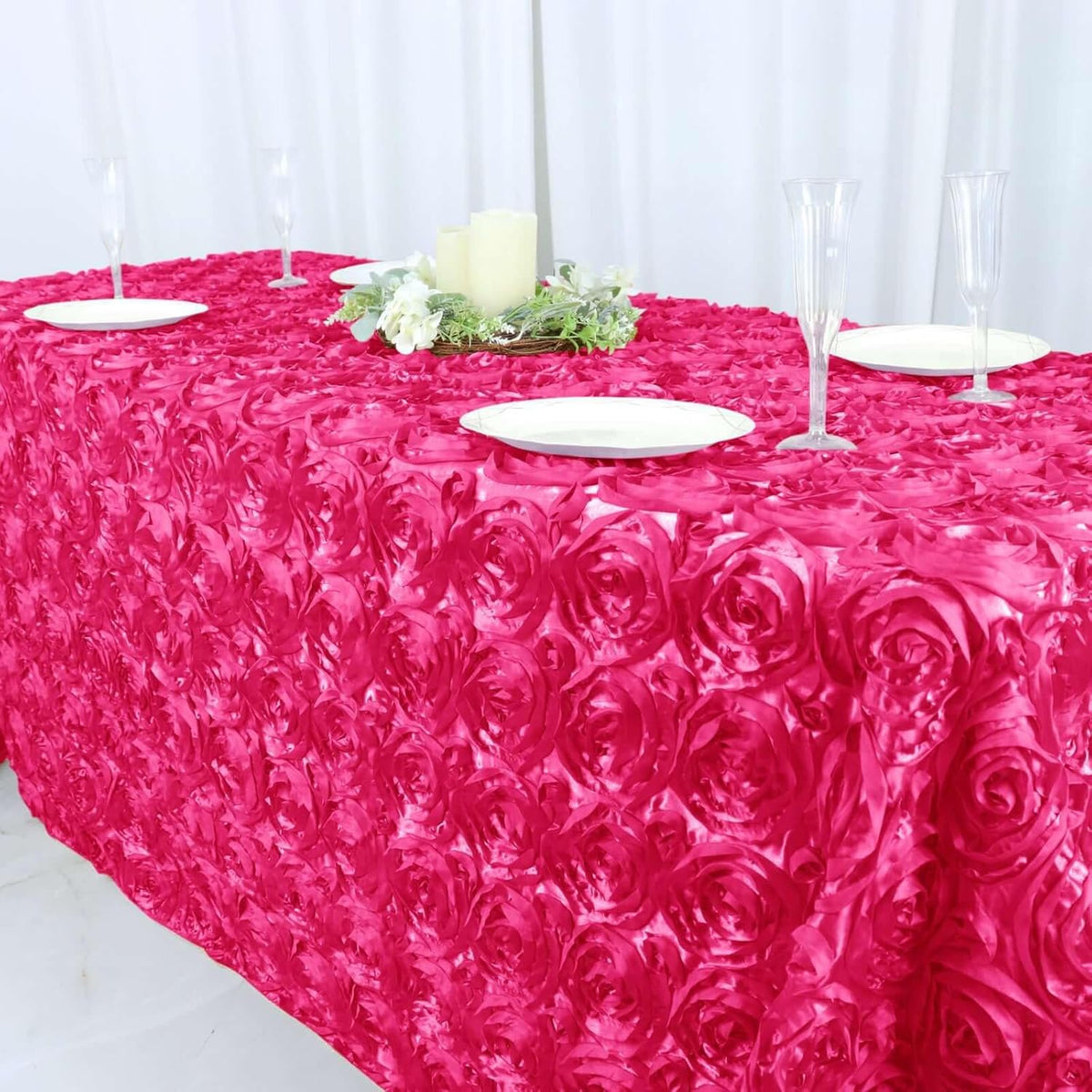 Efavormart 90"x132" Wholesale Rectangle Table Cover Fushia Grandiose Rosette 3D Satin Tablecloth