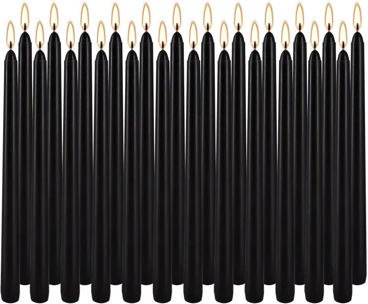 24 Pack Black Taper Candles, 7-8 Hours Burn Time, Unscented, Smokeless and Dripless, 0.75 x 10 Inch