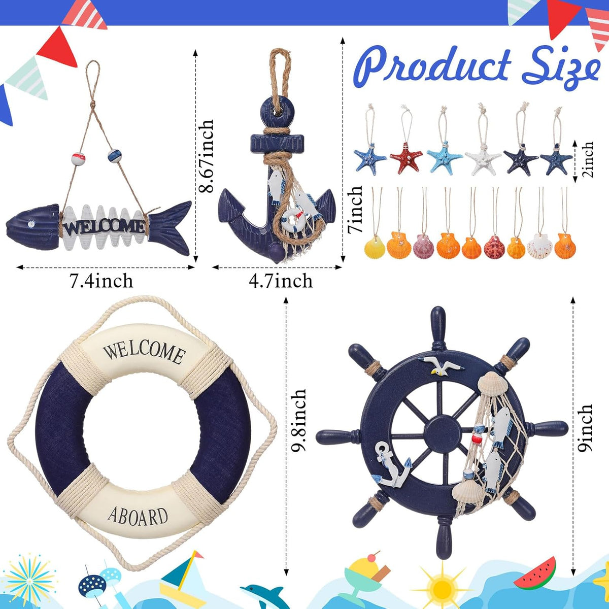 Marsui 11 Pcs Wooden Nautical Wall Decor Fishing Net Decoration, Include Decorative Fishing Net