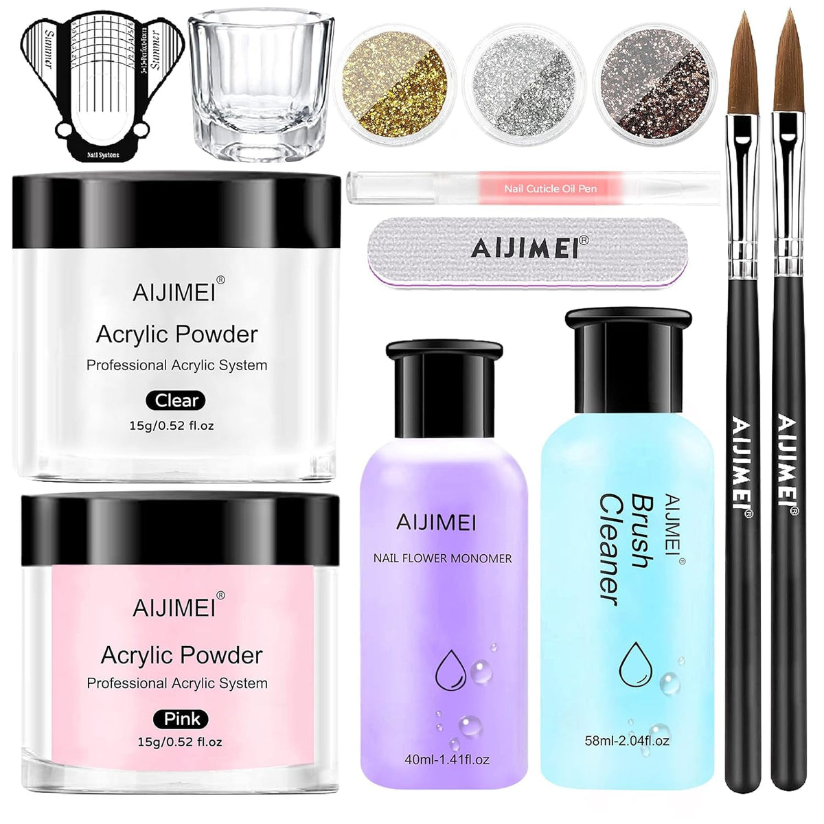 AIJIMEI Acrylic Powder Nail Kit With Professional Liquid Monomer, Brush Cleaner, and Tools Set for