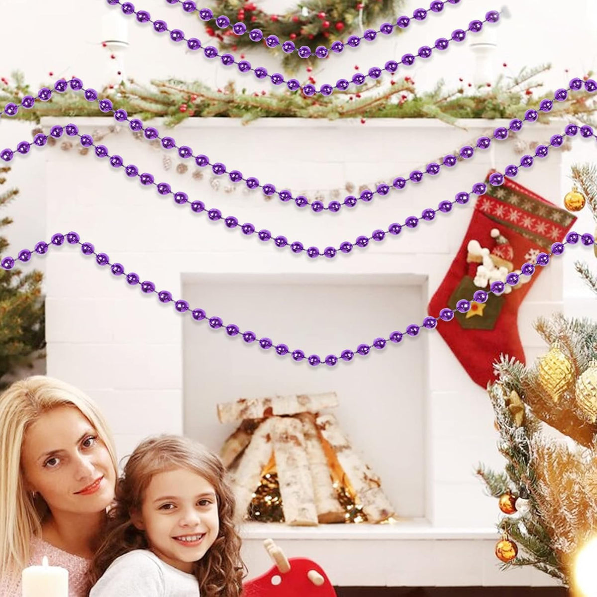 Faux Purple Pearl Beads Garland - 11 Yards, 10mm Christmas Tree Beads for Wedding Party Decoration