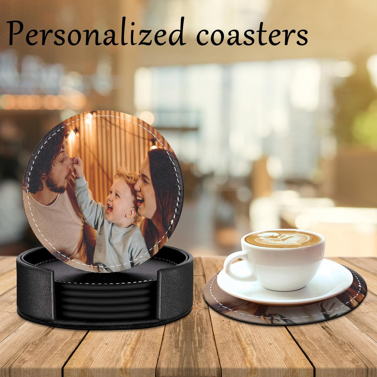 Custom Coasters Set of 6, Personalized Leather Coasters for Drinks with Holder, Customized Coasters