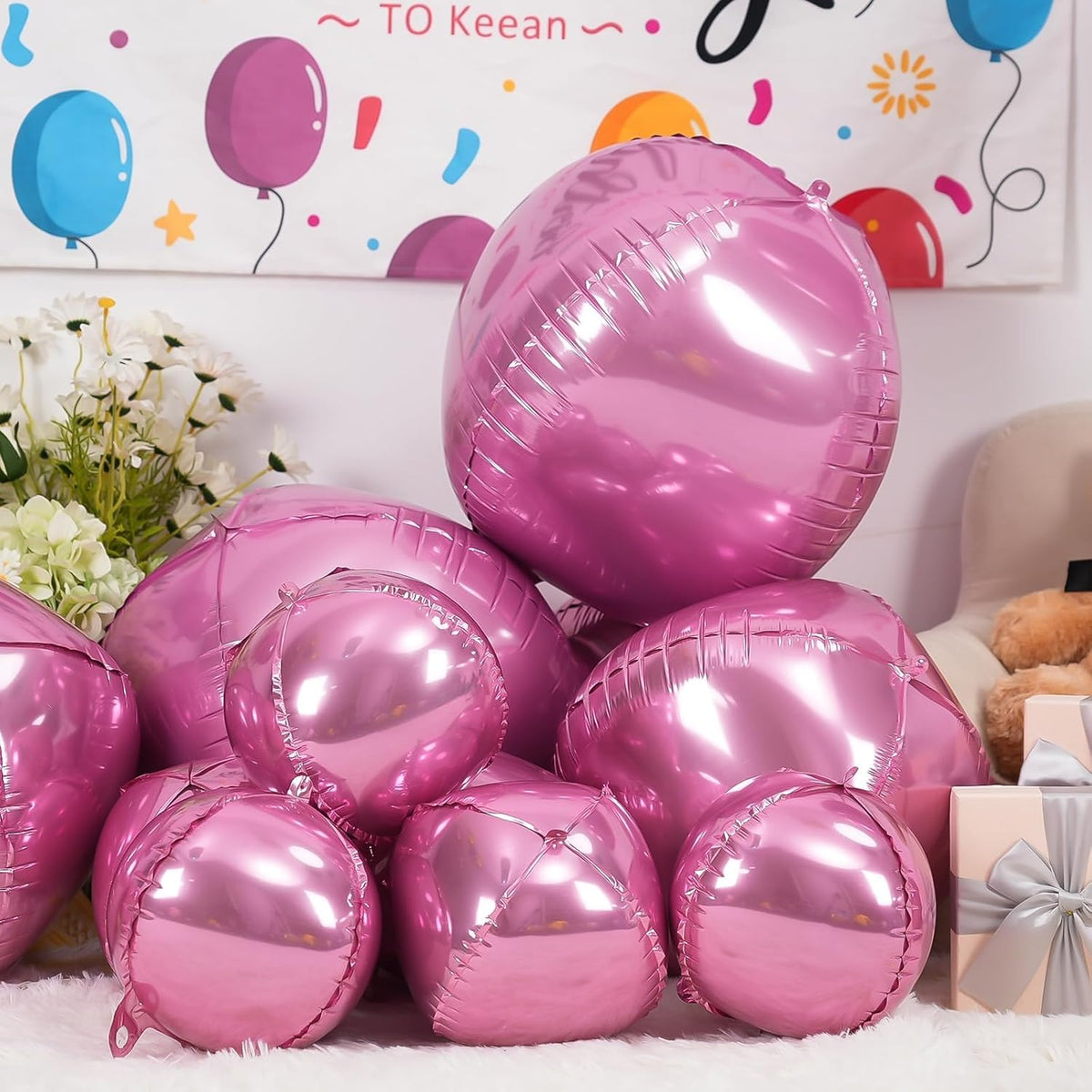 12Pcs Pink Round Foil Balloons, 22" 15" 10" 4D Helium Ball Balloon, Metallic Pink Foil Balloon for