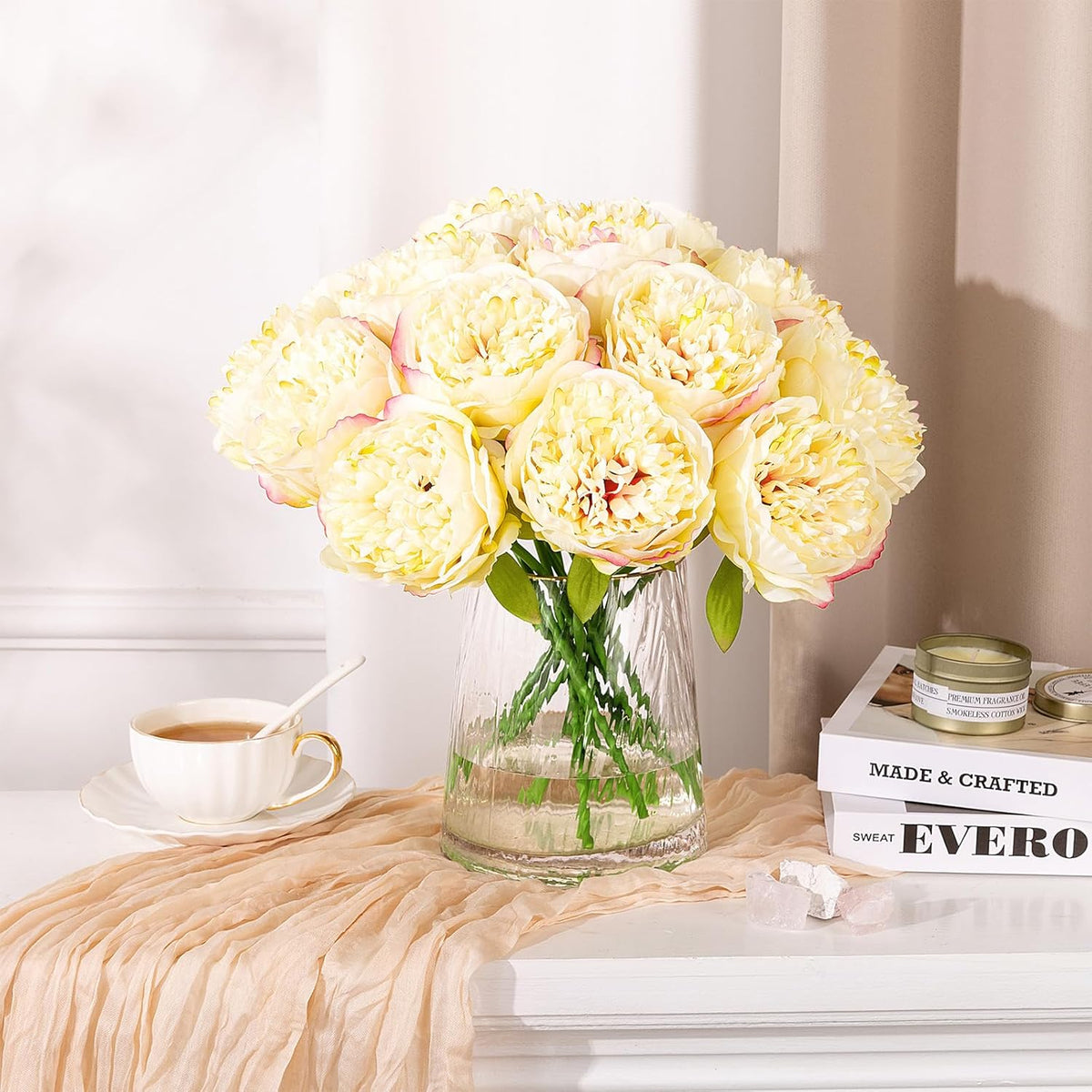 U'Artlines 20 Heads Artificial Peony Silk Flower Leaf Home Office Wedding Party Festival Bar Decor