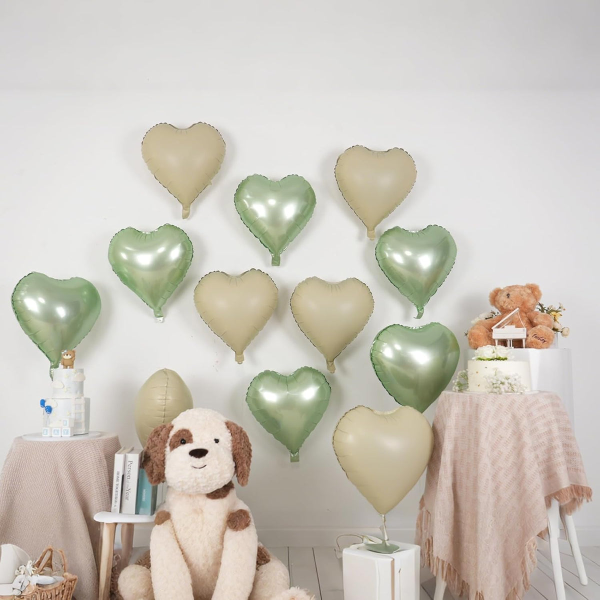 Sage Green White Heart Balloons,12Pcs 18 Inch Oliver Green Cream Foil Love Heart Shaped Balloons
