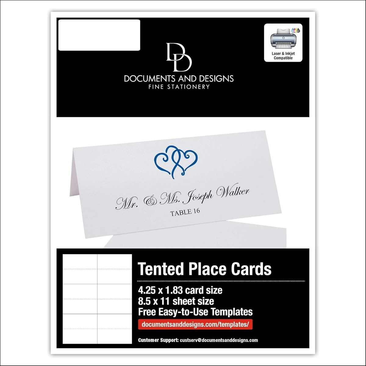 Linked Hearts Printable Place Cards, Royal Blue (Choose Color), Set of 150 (25 Sheets), Laser &