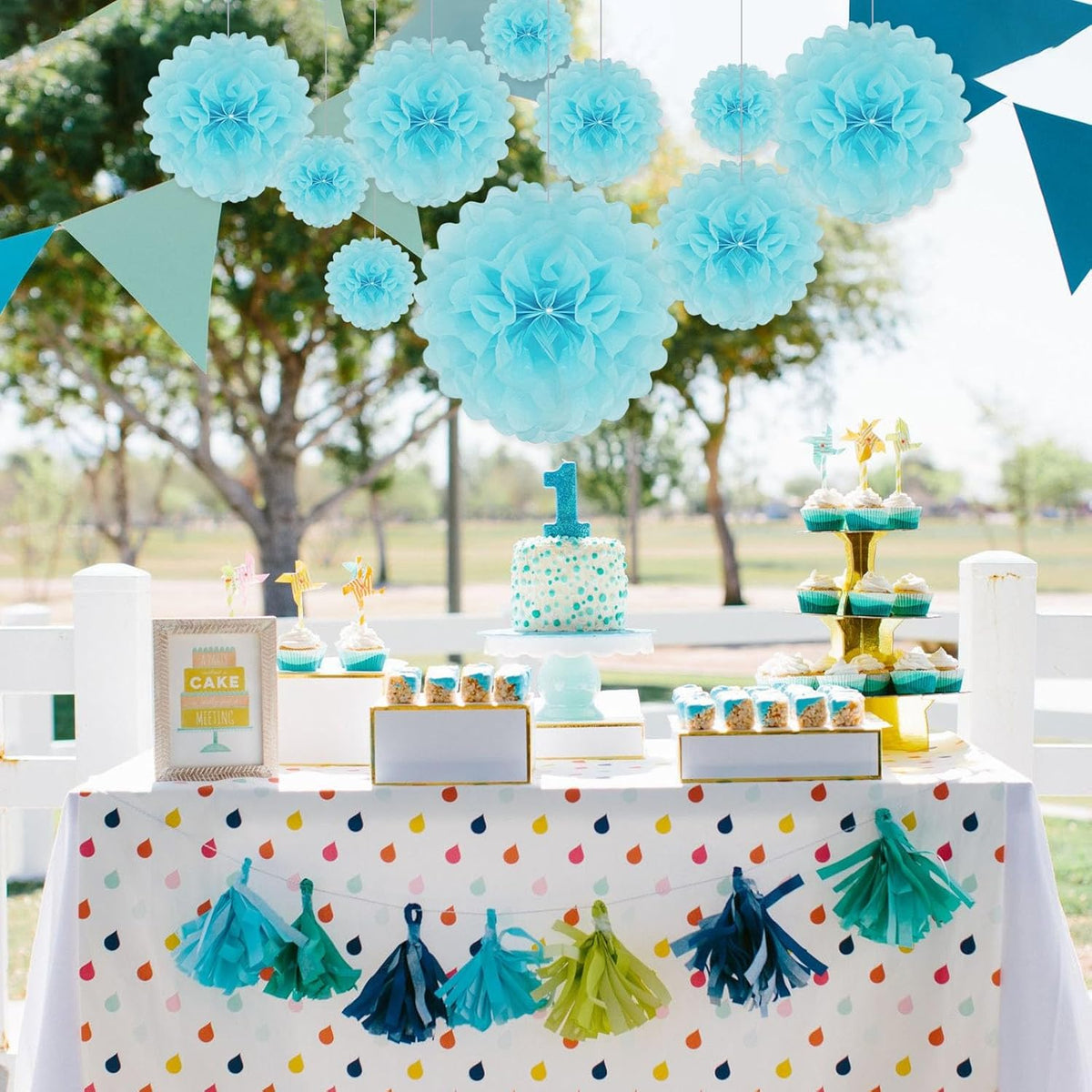 Tissue Paper Pom Poms, Light Blue Tissue Paper Flowers, Hanging Flower Balls for Weddings Fiesta