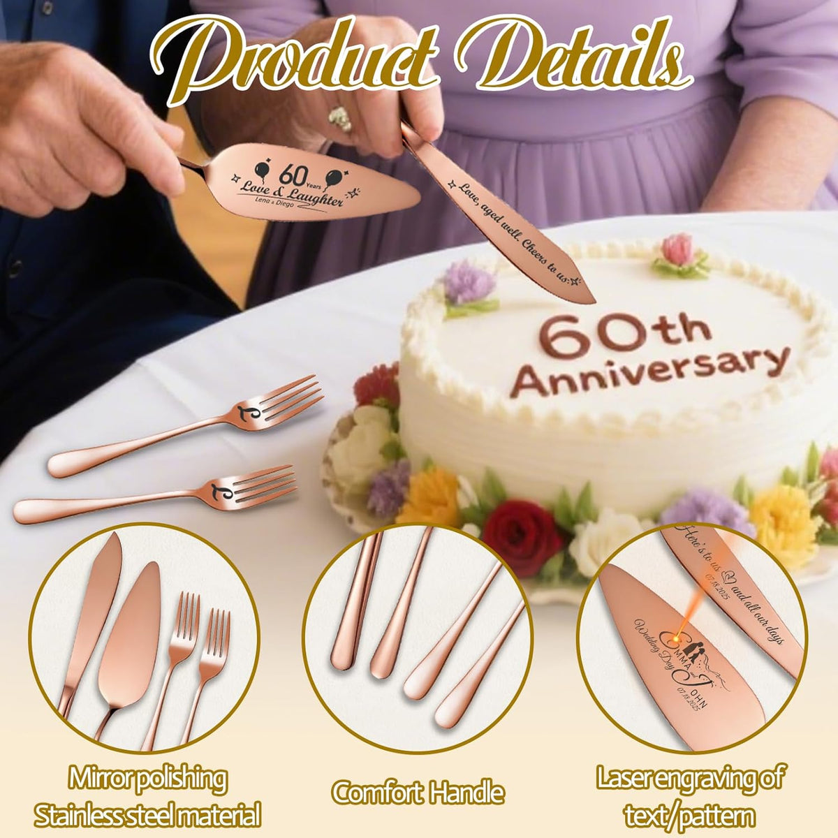 Personalized 4 Piece Wedding Cake Cutting Set, Custom Names Cake Knife and Server set with Forks