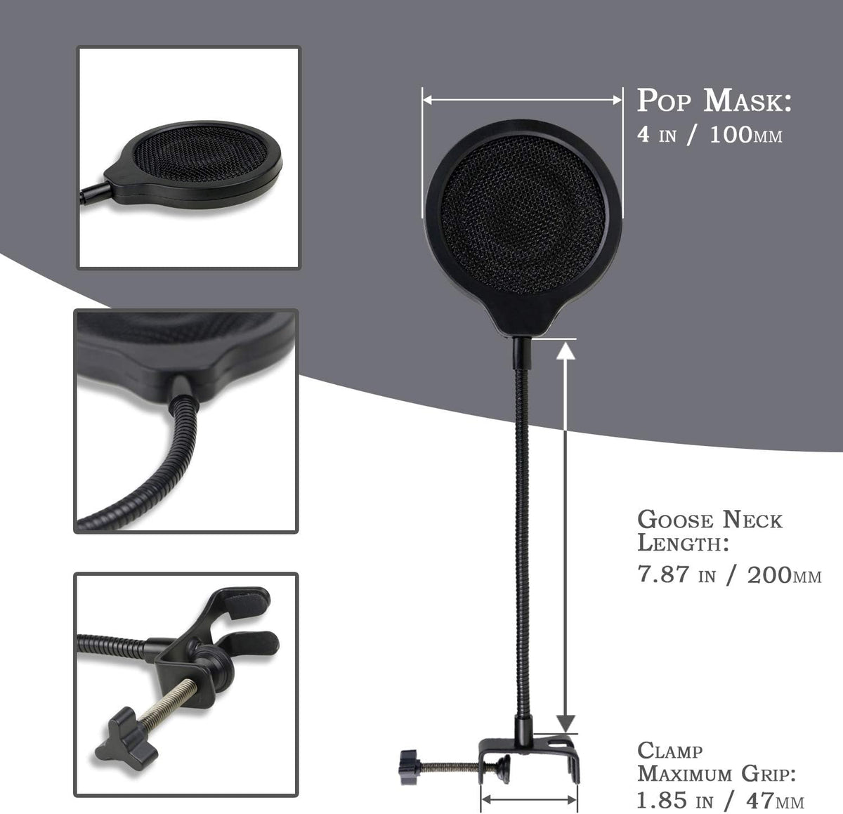 YOUSHARES Pop Filter - 4 Inch 3 Layers Metal Windscreen with Flexible 360° Gooseneck Clip Mic Mask