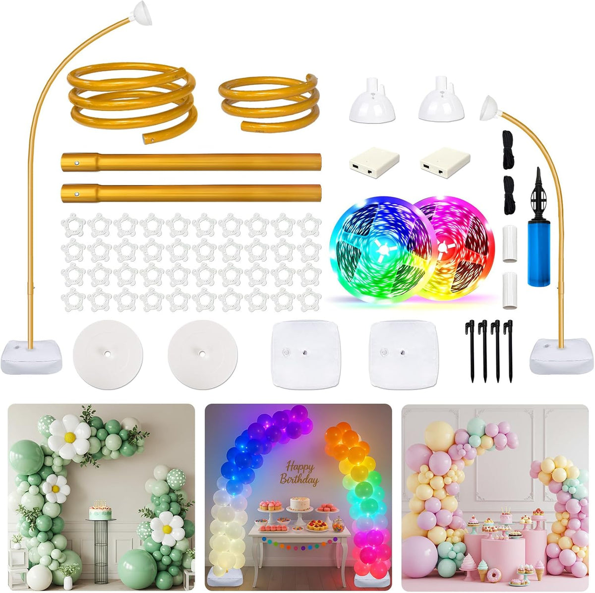 OurWarm Balloon Arch Kit with LED Lights, 9.35FT & 6FT Free Bending Half Balloon Arch Stand with
