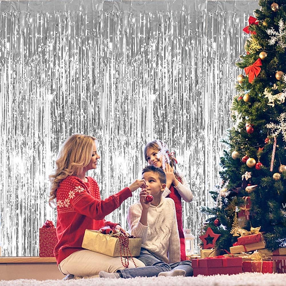 3Pcs Silver Metallic Tinsel Foil Fringe Curtains,3.2ft*8ft Silver Photo Booth Backdrop Streamer