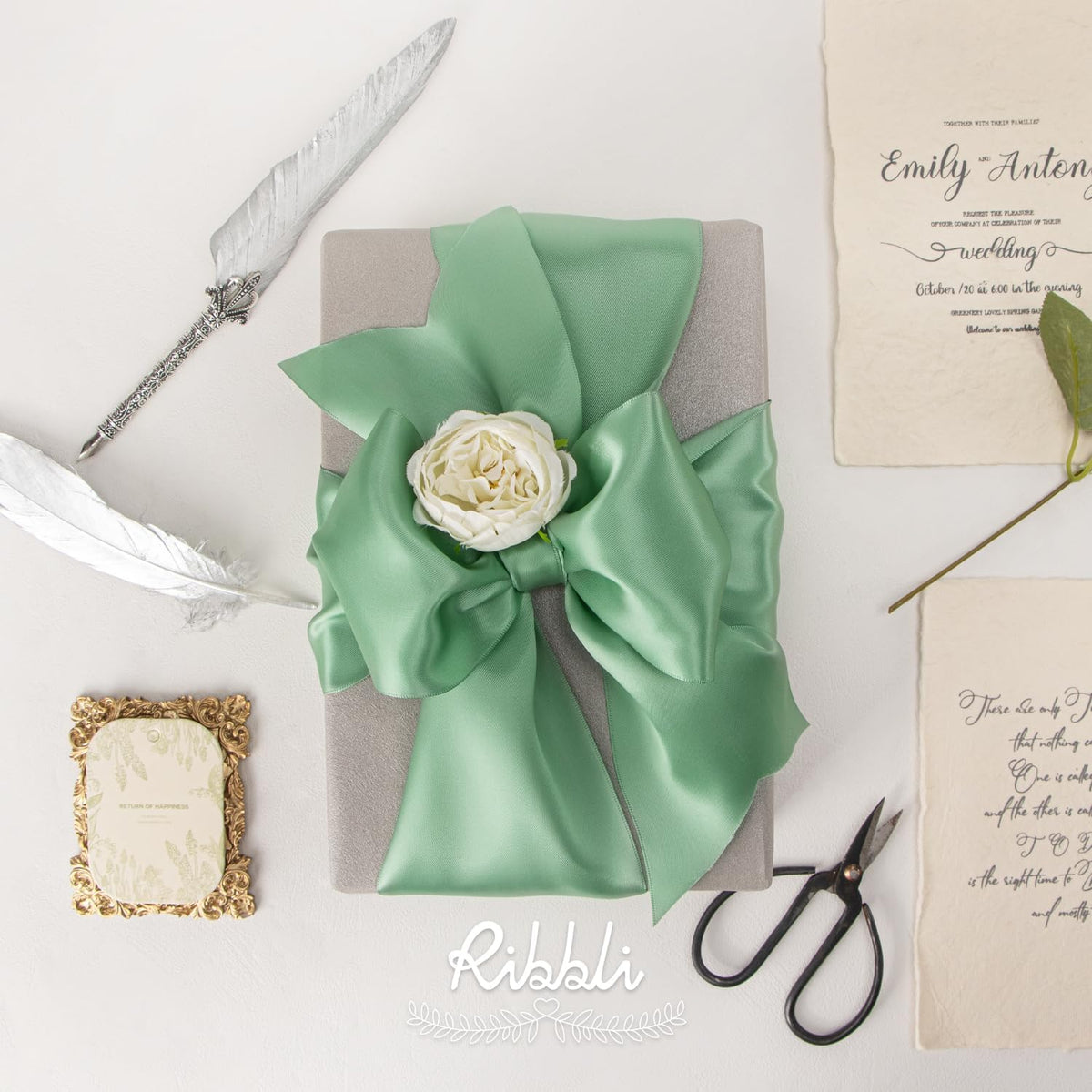 Ribbli Sage Green Satin Ribbon 4 Inch Wide Sage Ribbon for Wedding Chair Sash Grand Opening