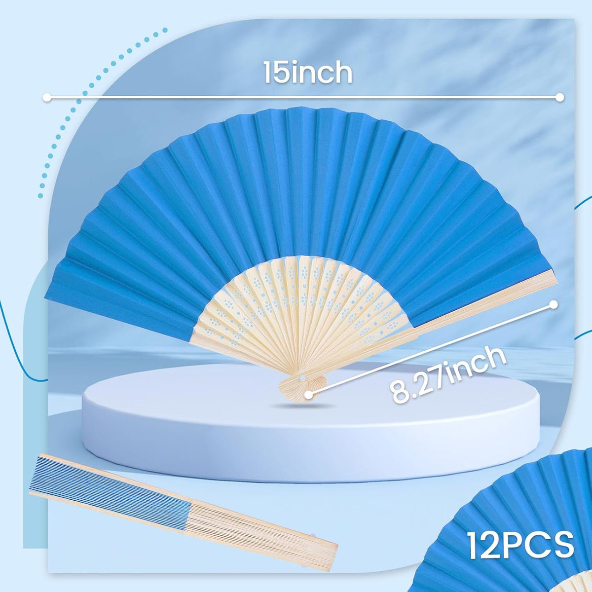 JOHOUSE 12Pcs Blue Paper Folding Hand Fans, 8.3 Inch Handheld Portable Decorative Fans for Wedding