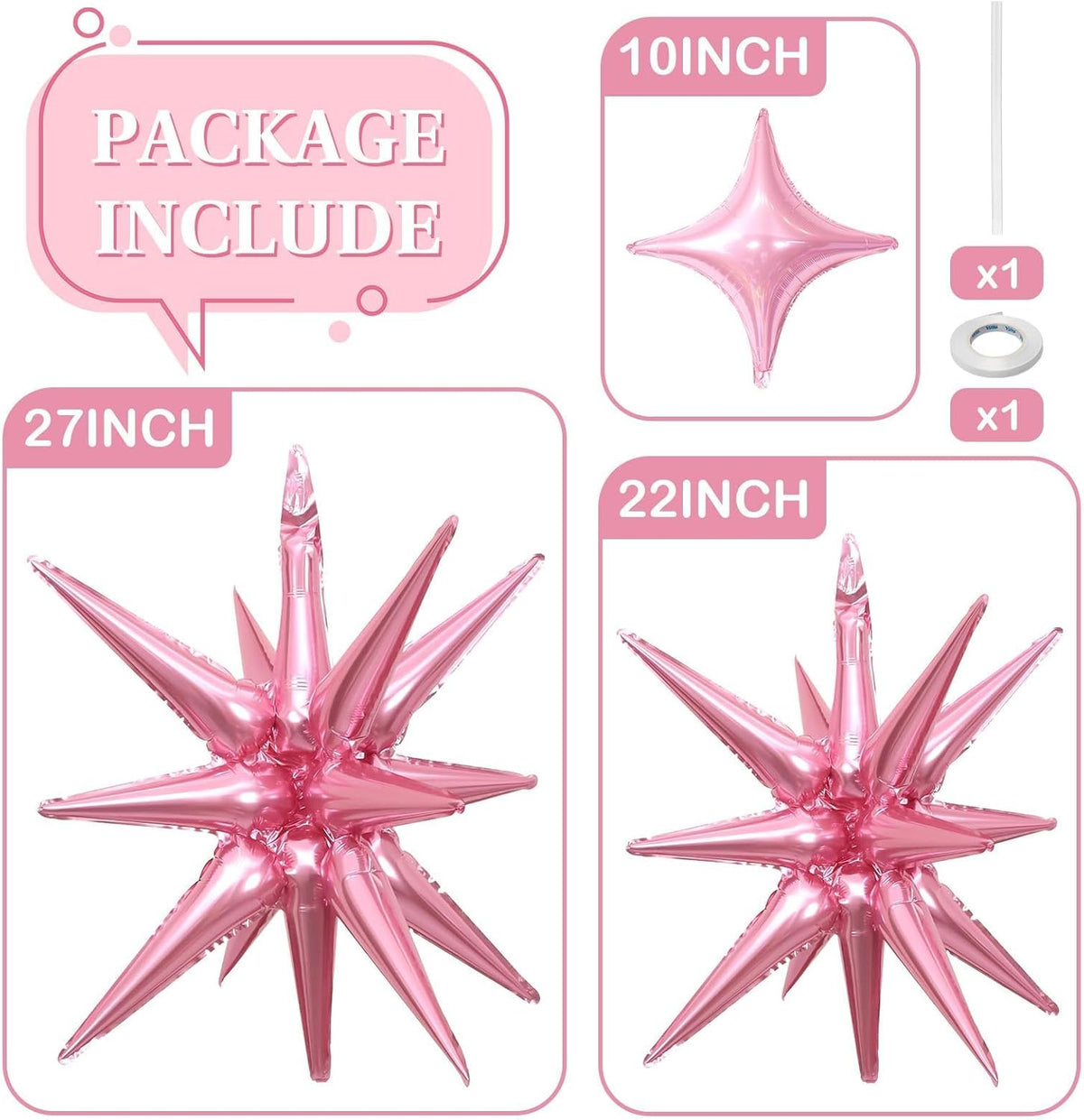 Pink Star Balloons 12pcs, 27/22 Inch Foil Star Explosion Balloons, Large Spike Mylar Cone Balloon