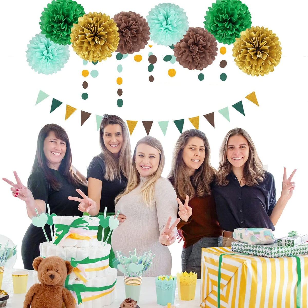 Sage Green Gold Party Decorations - 30pcs Hanging Decoration Birthday Party Tissue Paper Flowers