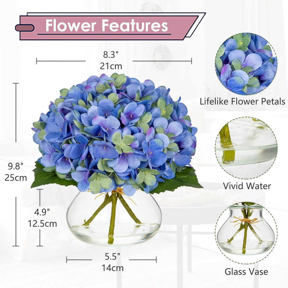 Hollyone Hydrangea Artificial Flowers with Glass Vase Blue-Green Silk Faux Flowers Arrangements in