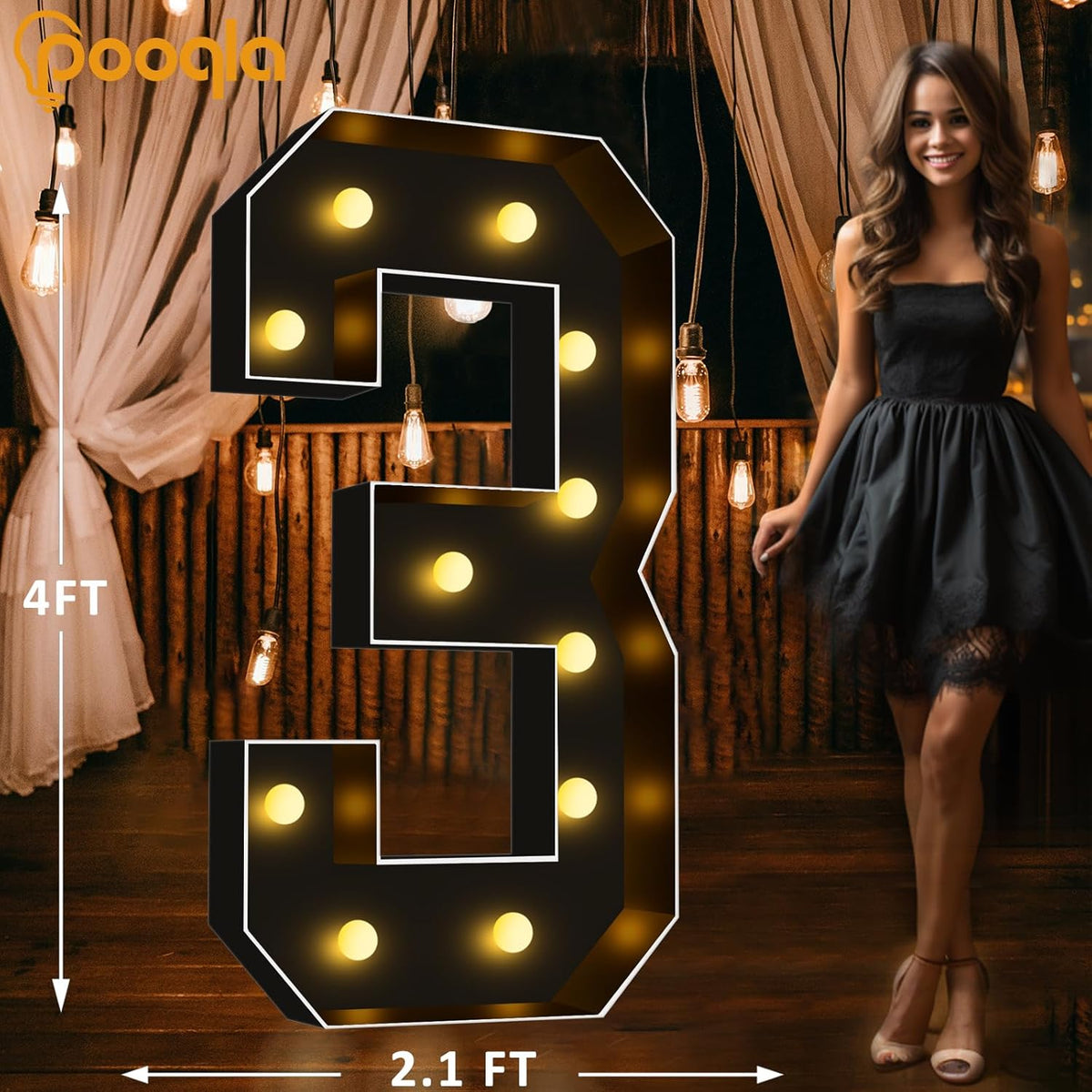 Pooqla 4 FT Light Up Marquee Numbers, Black Marquee Number Lights 4 Feet Tall for 3rd 13th 30th