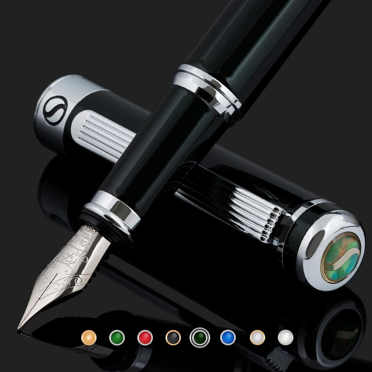 Scriveiner Black Green Fountain Pen - Stunning Luxury Pen with Chrome Finish, Schmidt Nib (Fine)