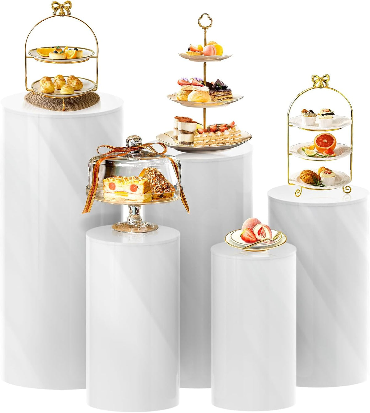 5PC Cylinder Pedestal Stands for Party, White Round Large Cylinder Tables, Pedestal Display Plinth