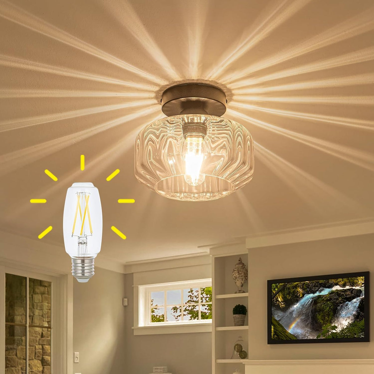 Semi Flush Mount Ceiling Light with Hexagonal Diamond Textured Glass, Matte Black Base & Includes