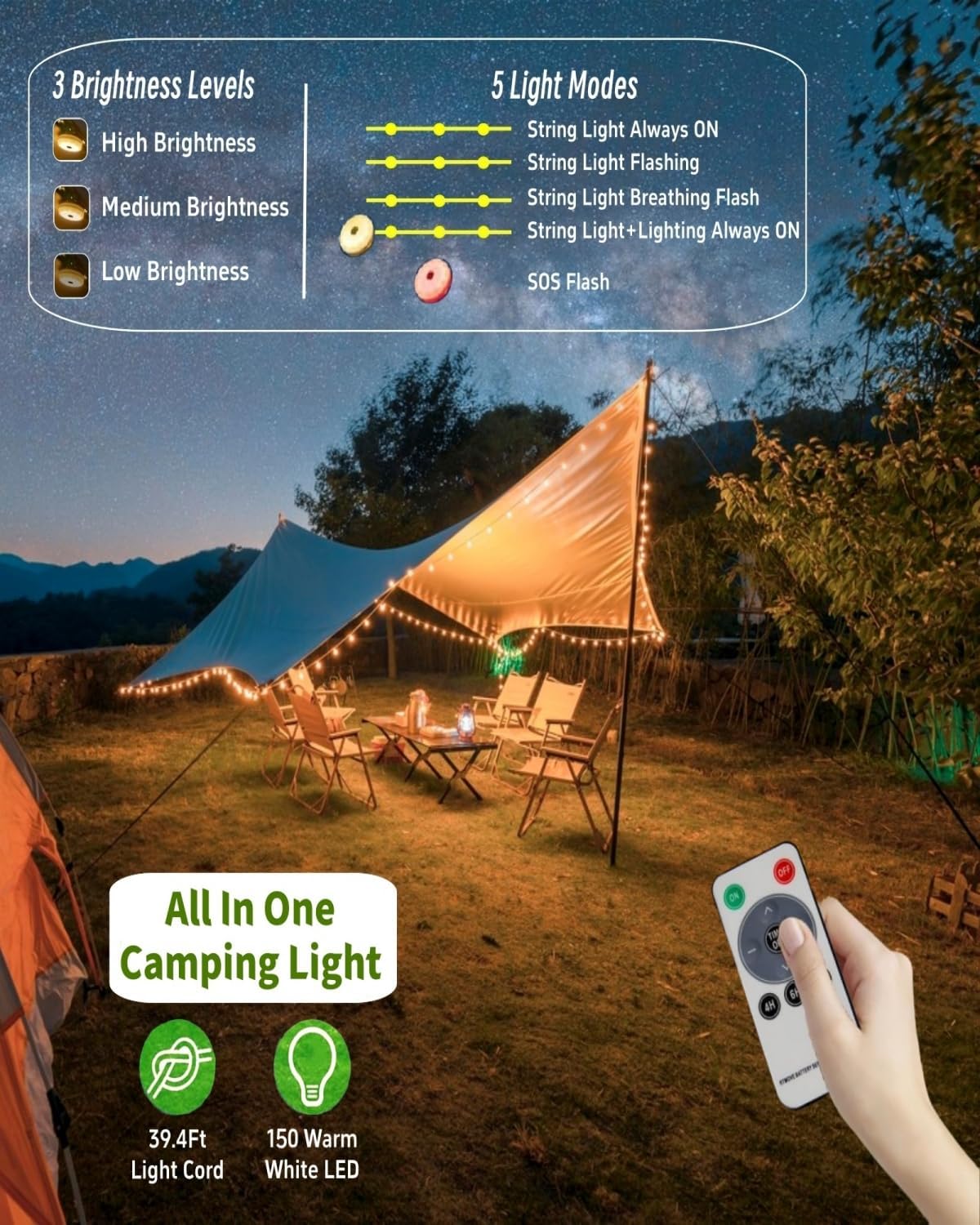 Solar Camping String Lights, 39.4FT Fairy String Lights 150LEDs, Portable Waterproof Camp Lamp with
