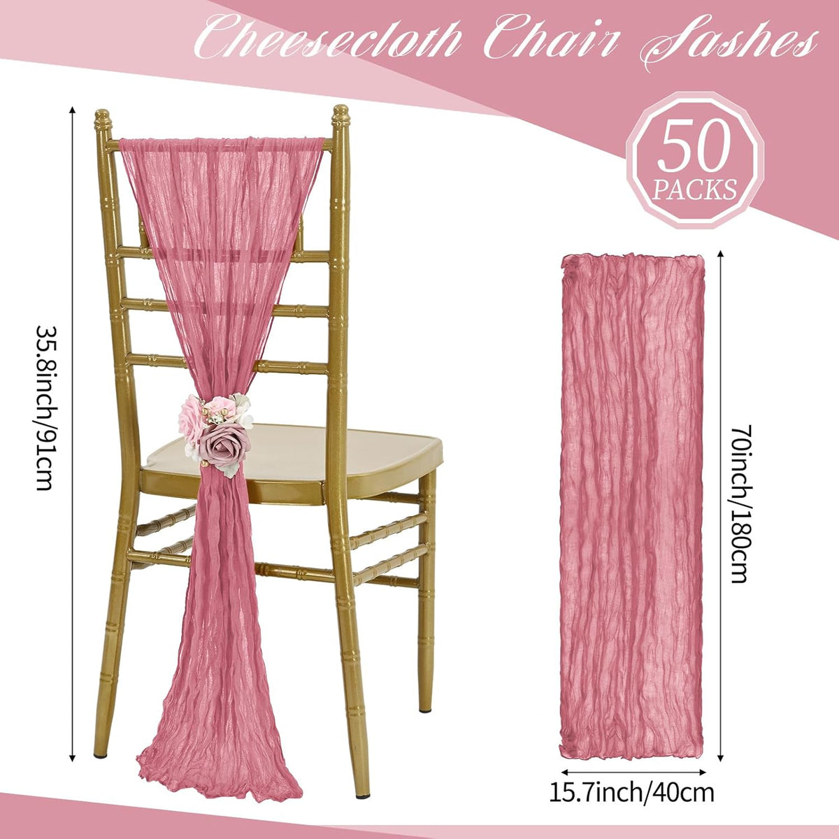 50 PCS Cheesecloth Chair Sashes, Bows Designed ChairSashes, 15.7x70 inch Chair Sashes for Aisle