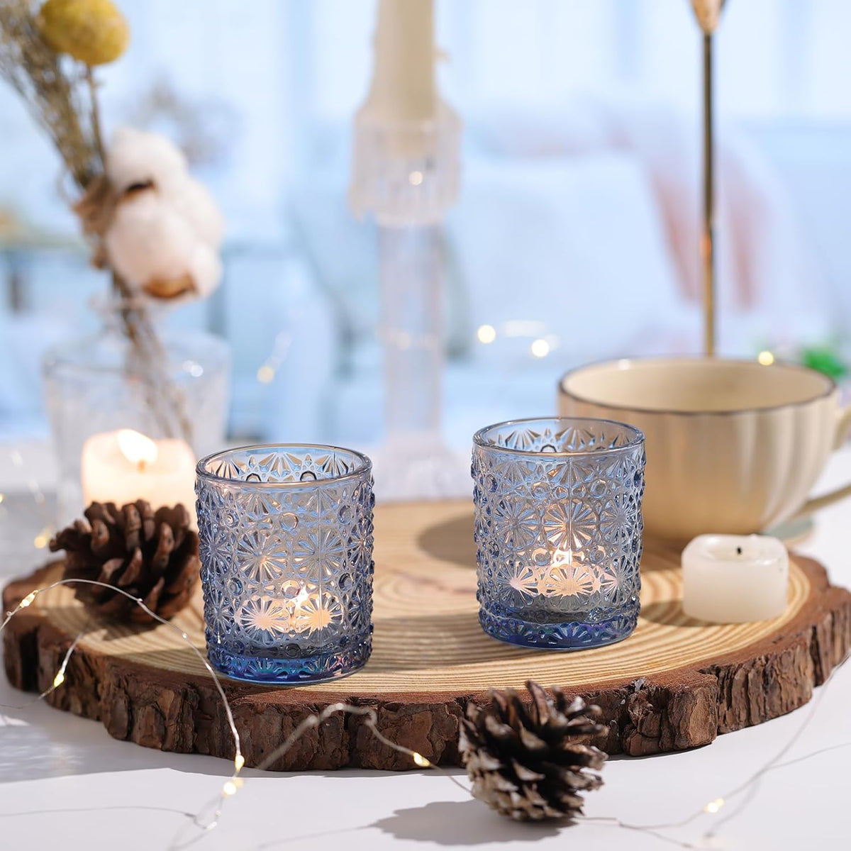 Blue Votive Candle Holder Set of 36, Flower Tea Lights Candles Holders for Wedding Table