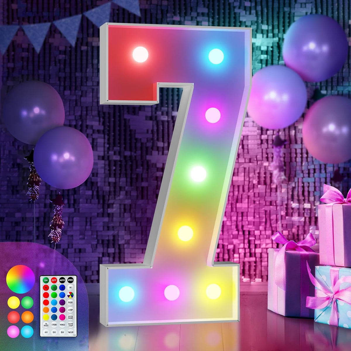 imprsv 3FT Colorful Marquee Numbers,18 Colors Number 7 with Remote, Light Up Numbers Sign for 70th