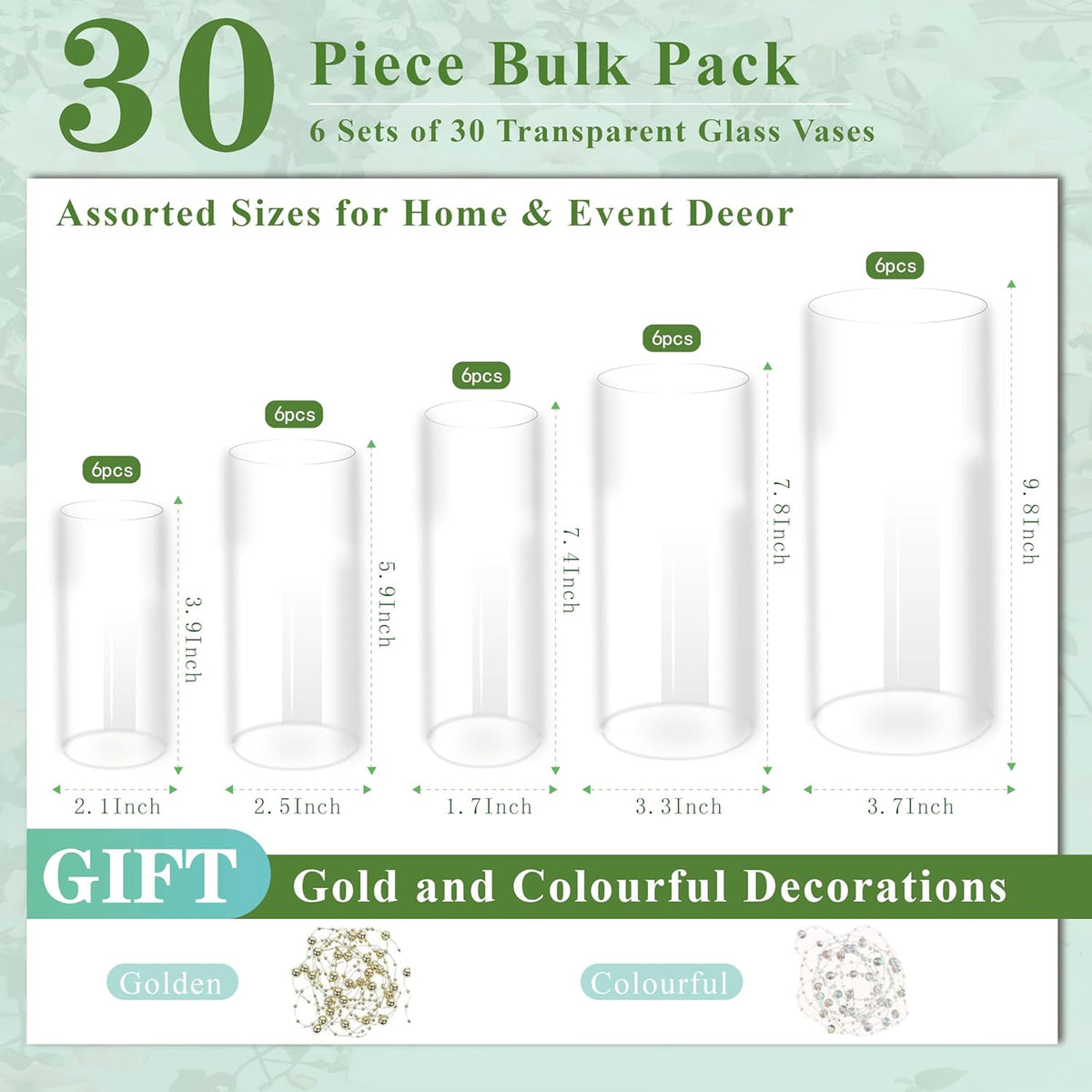 30pcs Glass Vase for Centerpieces, 4,6,7.5,8,10 inch Tall Clear Cylinder Flower Vase Bulk Floating
