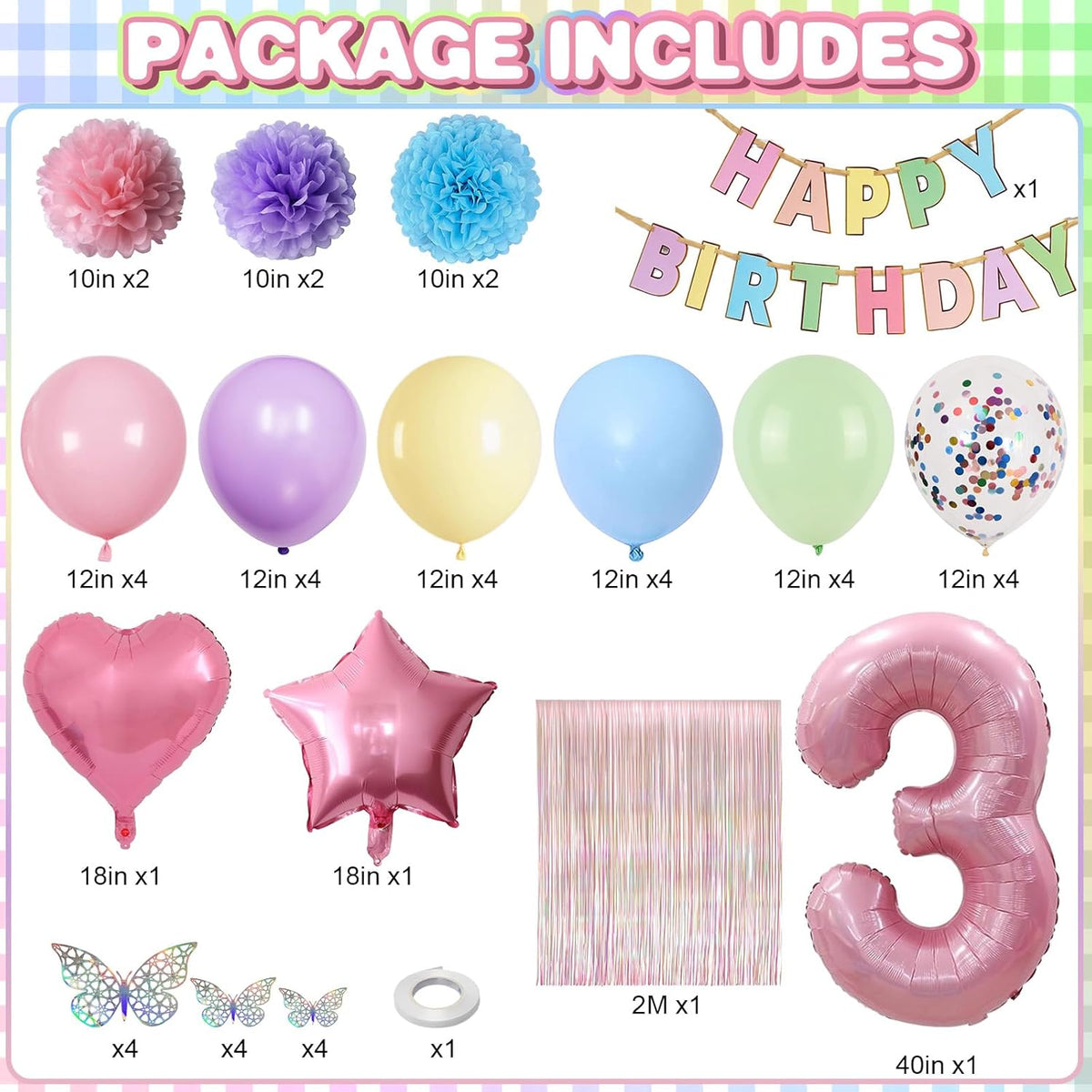 Pastel 3rd Birthday Party Decorations for Girls Number 3 Balloon Happy Birthday Banner Butterfly