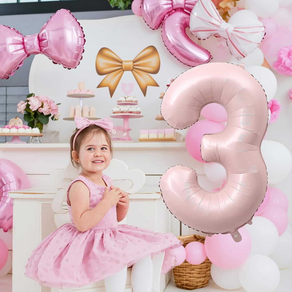 Pink Number 3 Balloon, 40 Inch Giant Pastel Light Pink Number Balloons 0-9 for Girls, Self