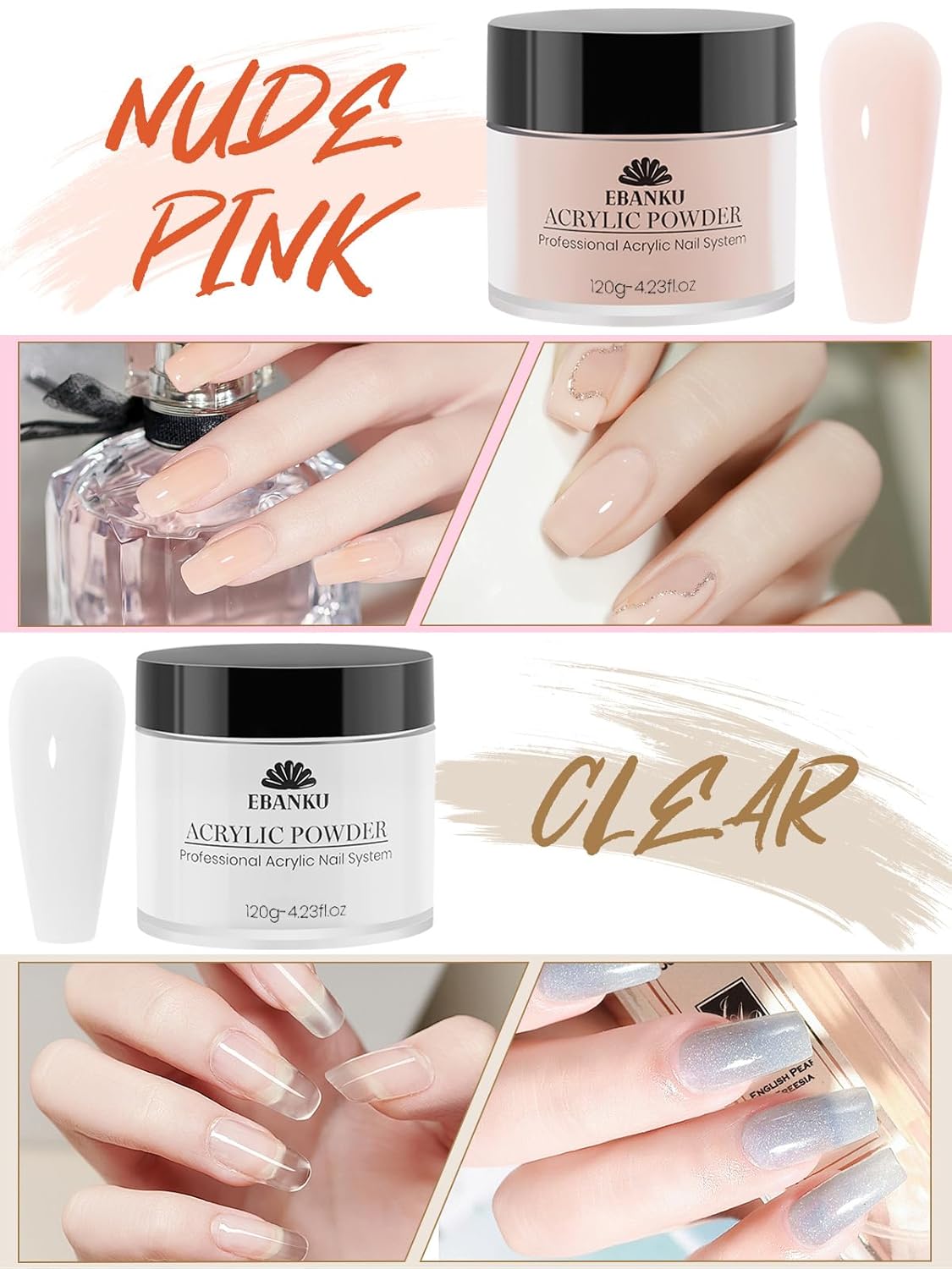EBANKU Acrylic Powder Set 4 Colors Acrylic Nail Powder Nude Pink White Clear Acrylic Powder for