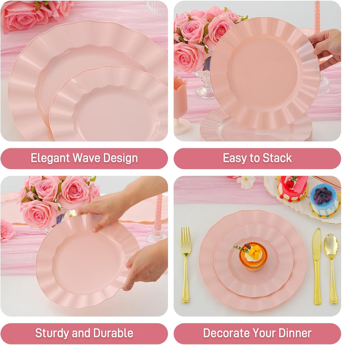 60Pcs Premium Pink Plastic Plates, Fancy Nice Disposable Plate, Elegant Wedding Plates Set include