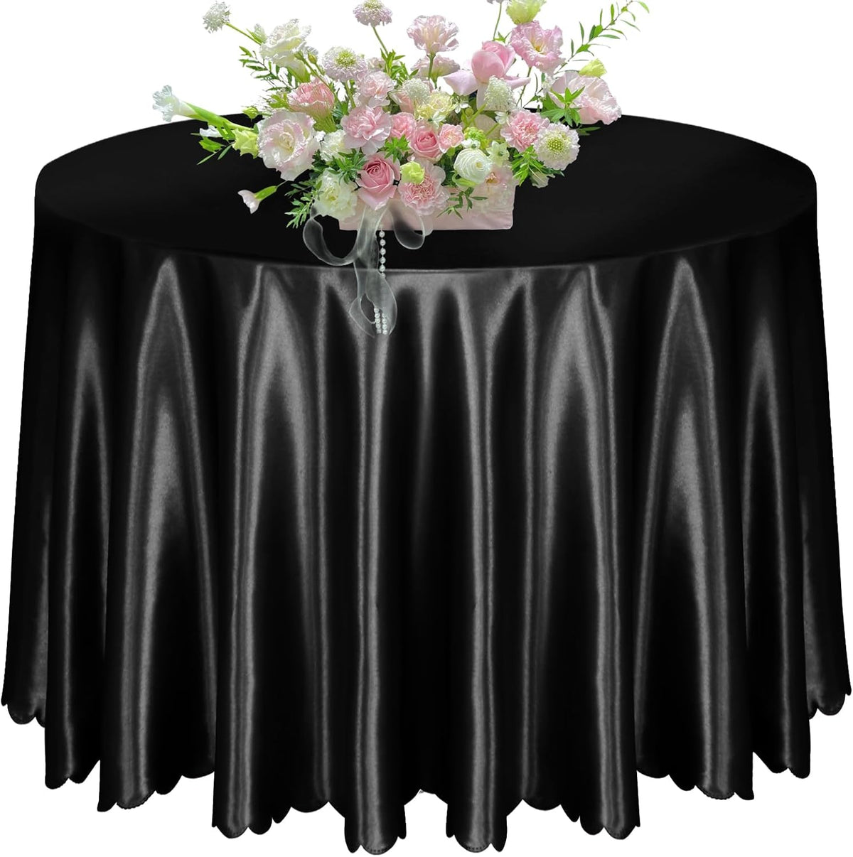KKJIAF 1 Pack 108 Inch Round Table Cloth, Black Overlay Round Satin Table Cover, Silky Satin Dining