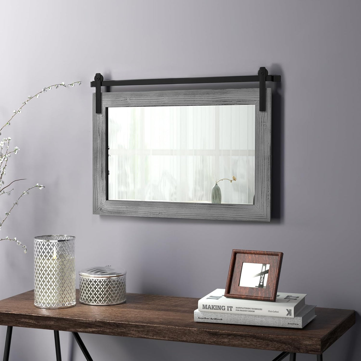COGOOD Farmhouse Barn Door Mirror - 25" x 18" Rustic Wood Framed Decrative Mirror for Bathroom