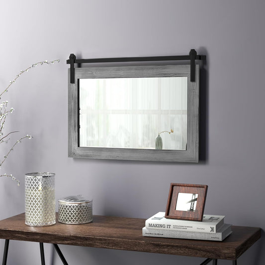 COGOOD Farmhouse Barn Door Mirror - 25" x 18" Rustic Wood Framed Decrative Mirror for Bathroom