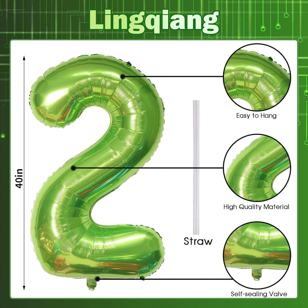 Green 2 Balloons, 40 Inch Giant Helium Foil Number 0-9 Green Birthday Balloon for Boys Girls, Self