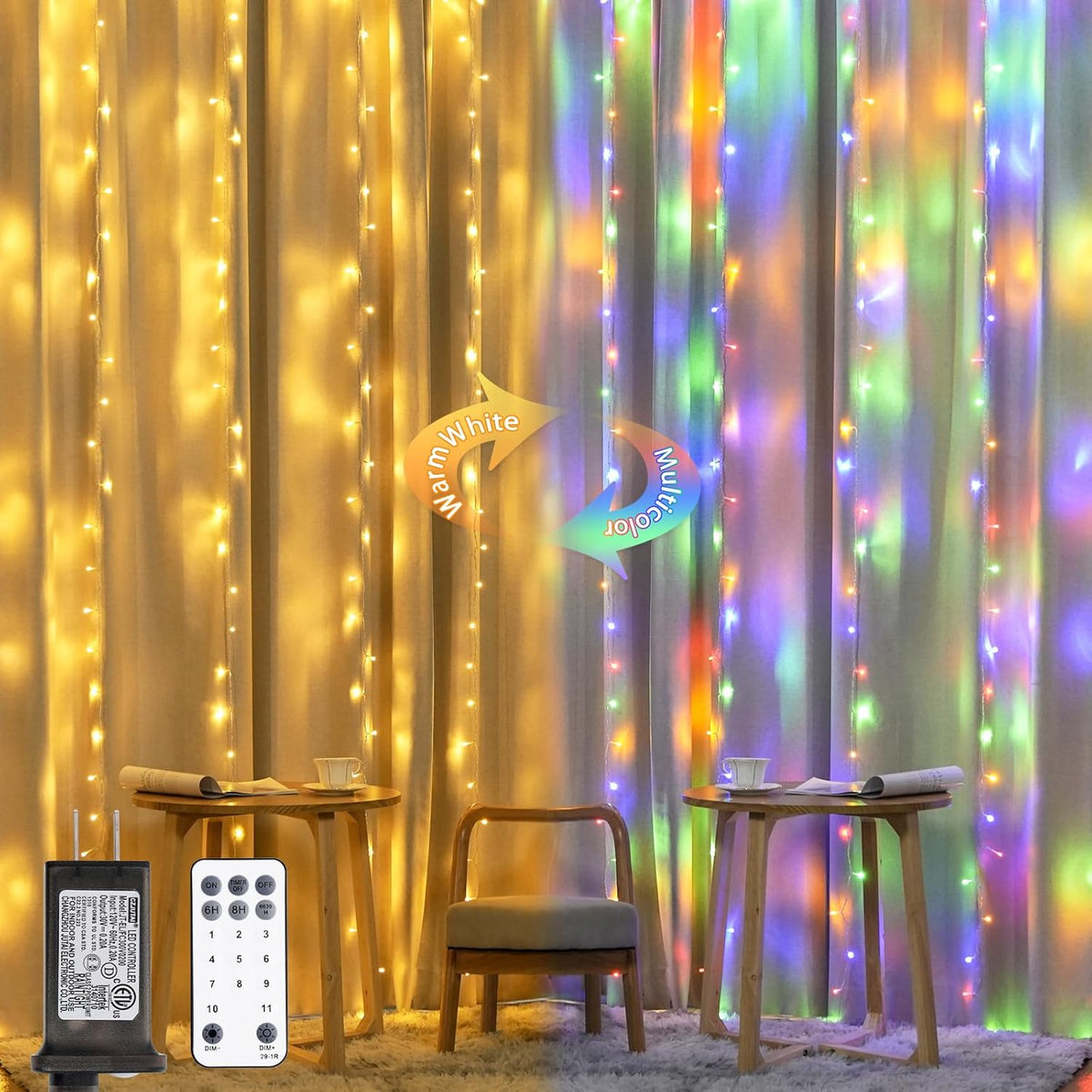 JMEXSUSS 300LED Dual Color Changing Curtain Lights with Remote, 9.8 x 9.8ft Connectable Plug in