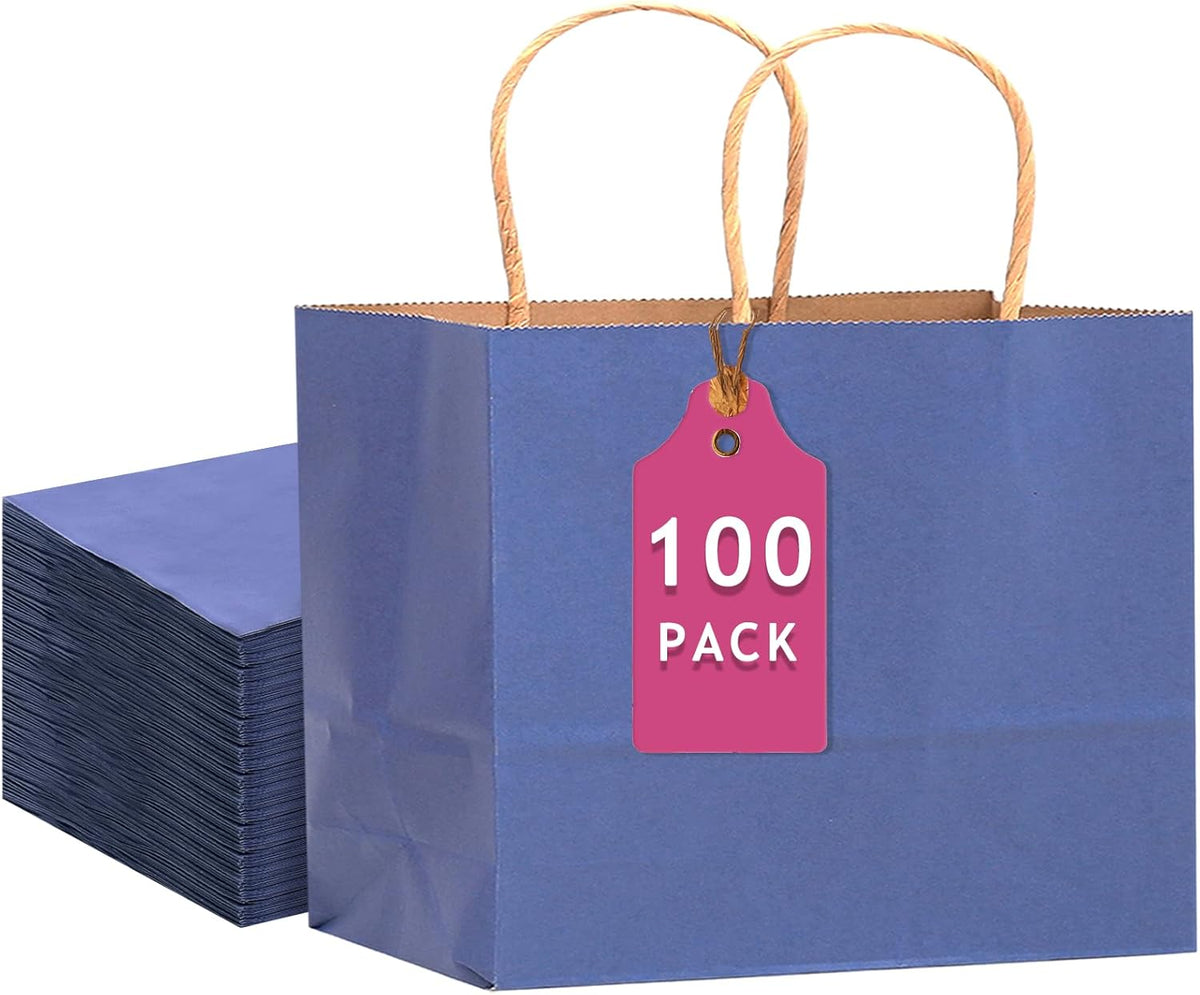 qiqee 100PCS Large Gift Bag with Handles Bulk 13"x4.5"x10" Gift Bags Kraft Deep Blue Multiple Uses
