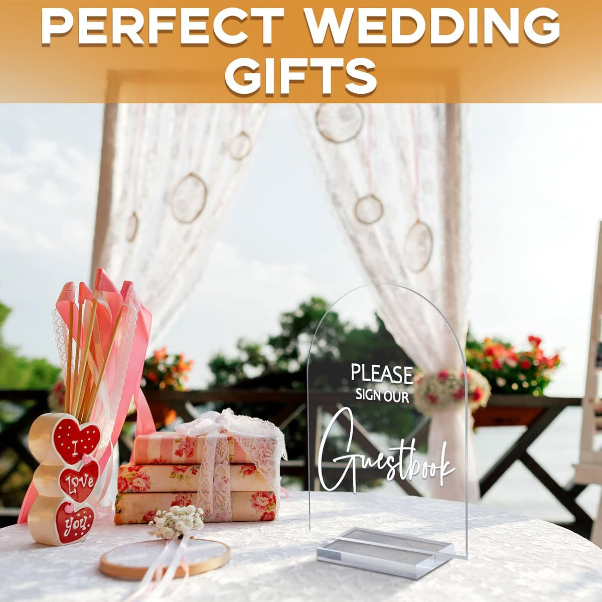 Chunful 4 Pcs Clear Acrylic Wedding Sign with Stand for Ceremony Reception 5 x 7 Guest Book Cards