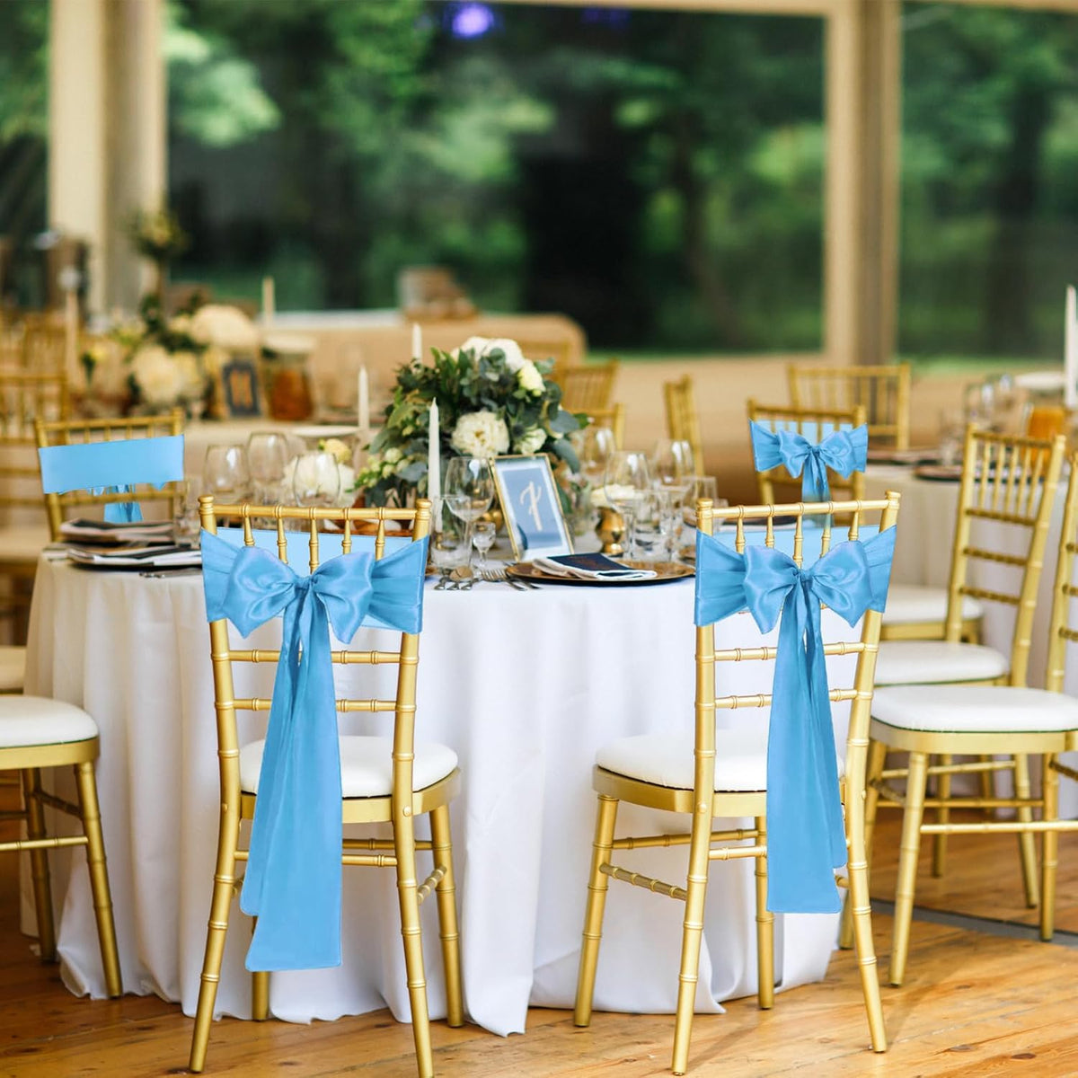 50 PCS Baby Blue Satin Chair Sashes Bows Universal Chair Ribbon Ties Back Sash for Wedding Party