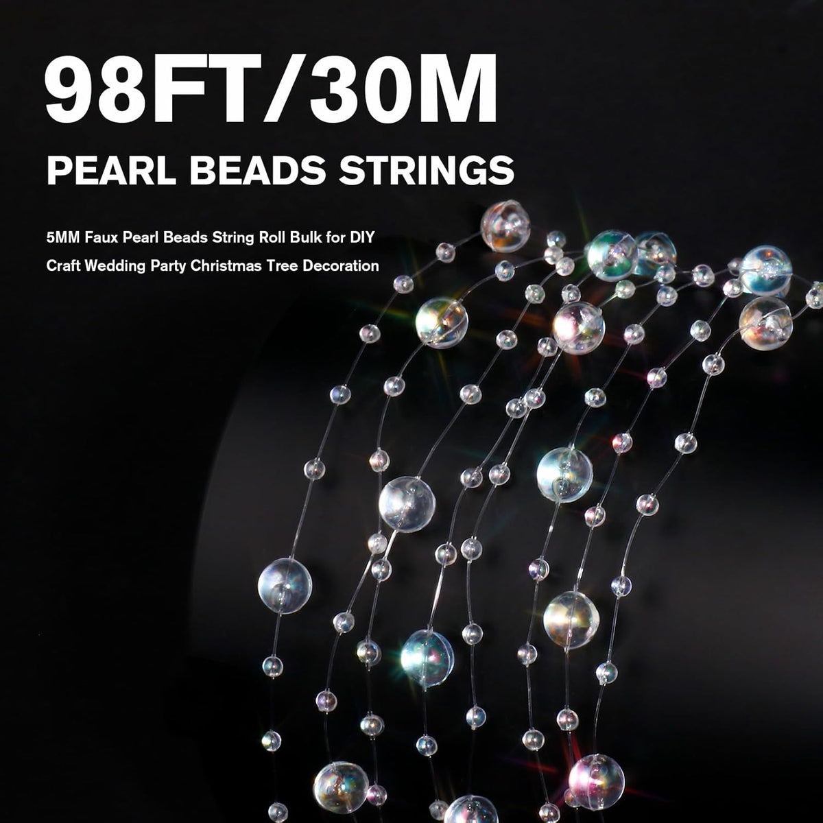 98FT Pearl Beads String Garland, 8mm 3mm Iridescent Faux Pearl Beads Roll Strand Bulk for Wedding