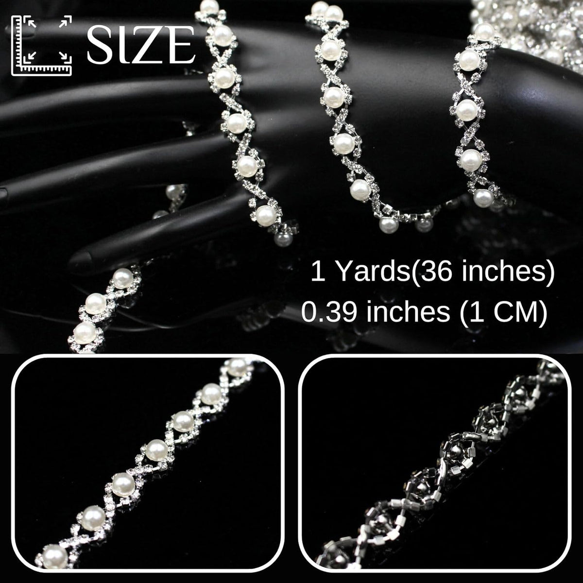 1 Yard Pearl Trim Chain Rhinestone Silver String Crystal Applique Fringe Ribbon Strips Beads Sewing