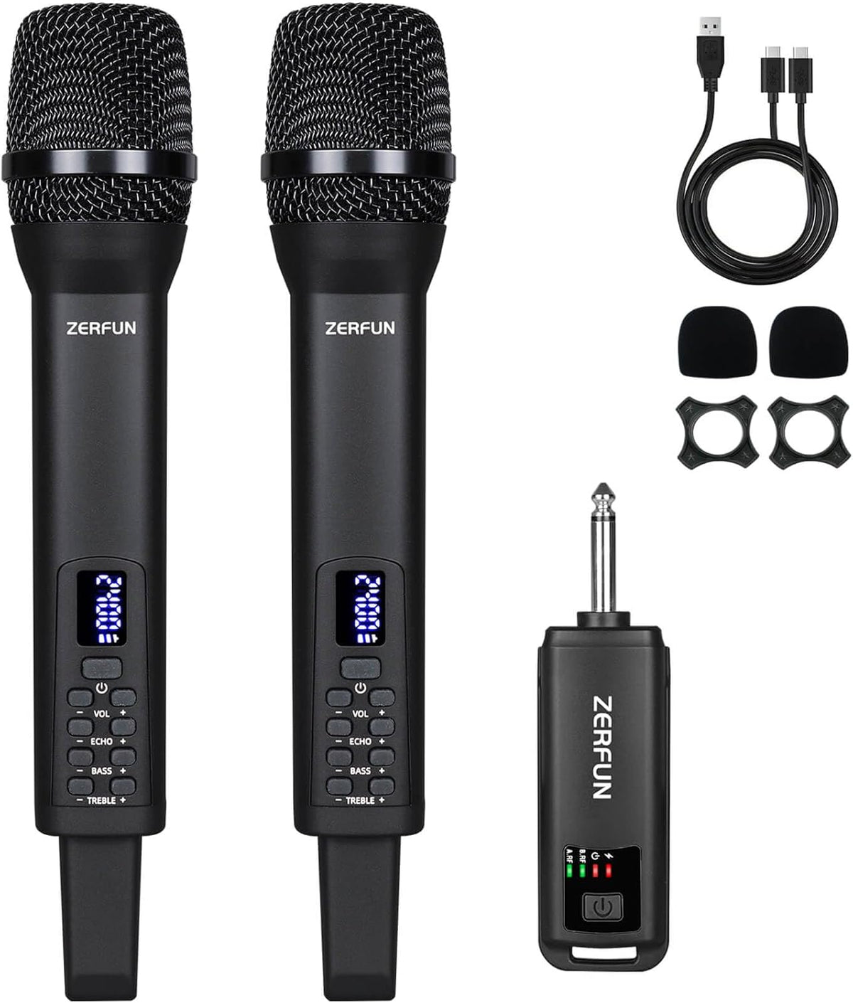Rechargeable Wireless Microphones Dual, Pro Handheld Cordless Mics System Dynamic with Echo Treble