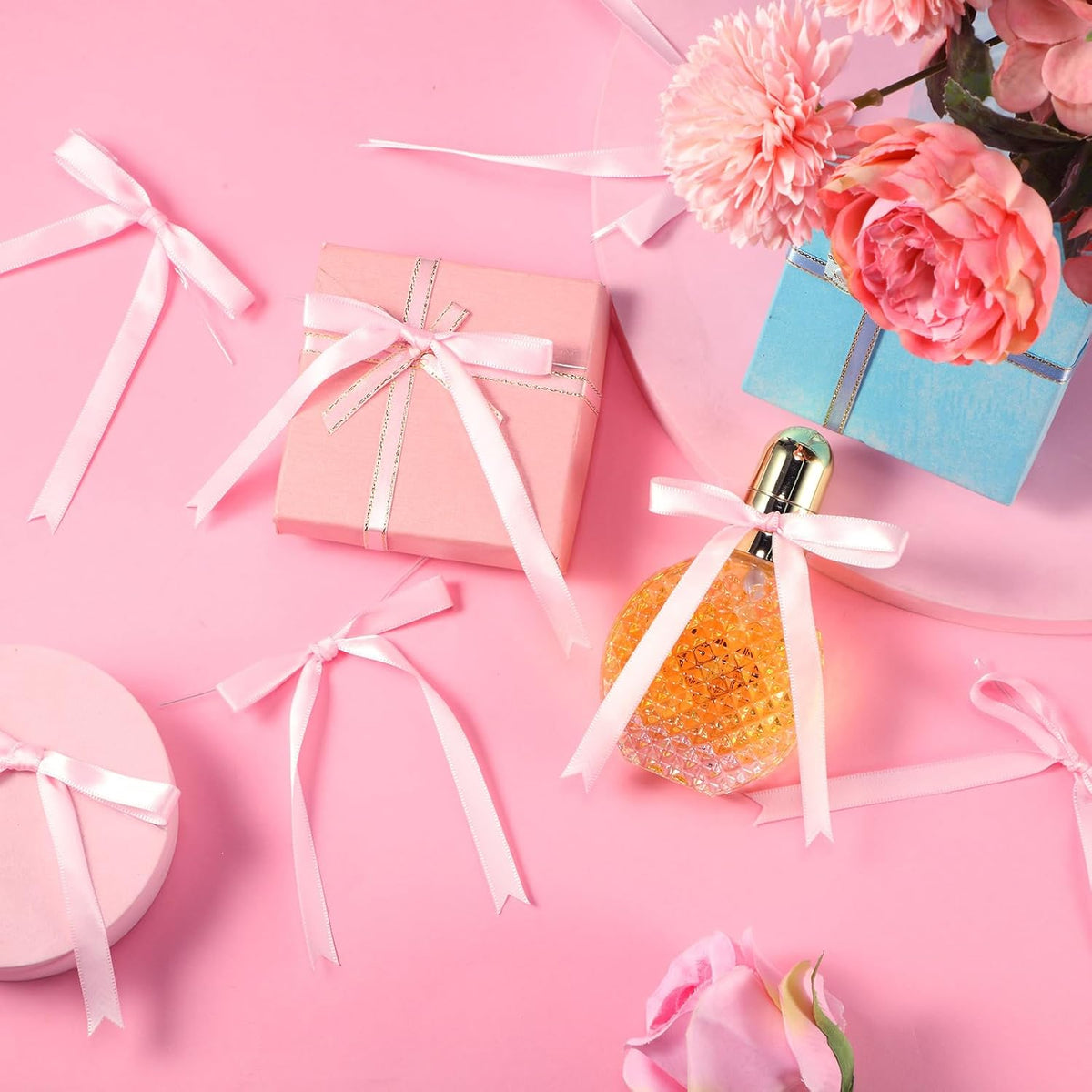 Riceshoot 50 Pcs Twist Tie Bows for Cake 3x4.5 Inch Satin Ribbon Bows for Gift Wrapping Treat Bags