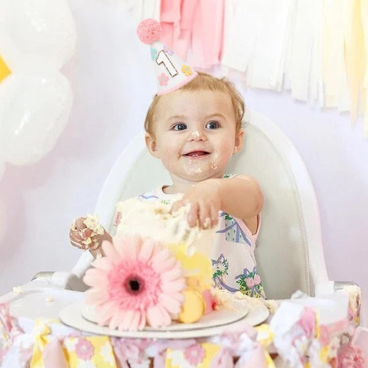 WAUAO Colorful Flower 1st Birthday Cone Hat for Girls - Cute & Adorable Floral Crown, First
