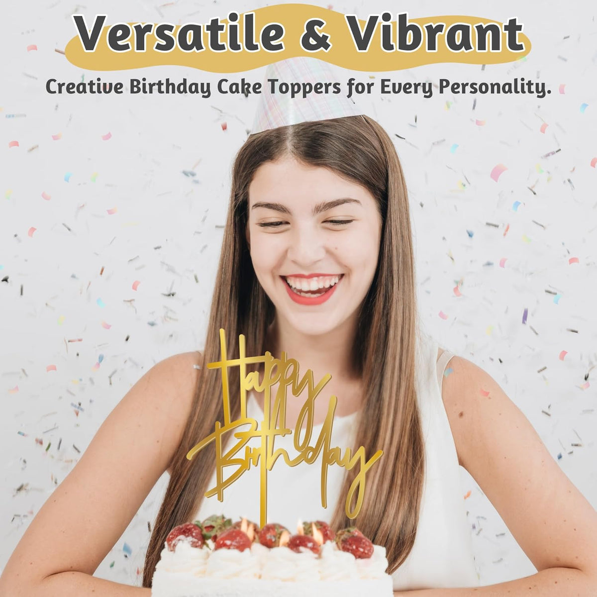 1PCS Gold Birthday Cake Topper, 5.3 x 7.2 Inches Acrylic Happy Birthday Cake Sign, Glitter Mirror