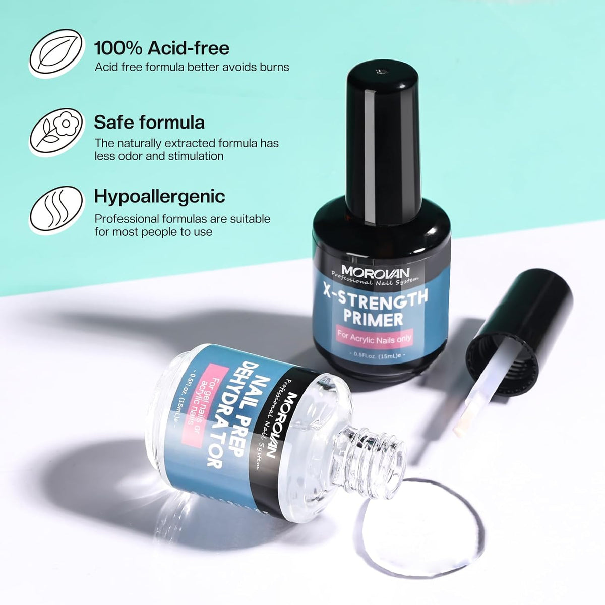 Morovan Nail Prep Dehydrate and Primer X-strength, No Burn Non Acid Nail Primer and Dehydrator for